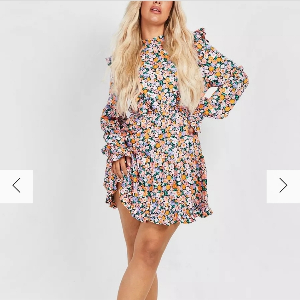 PLUS HIGH NECK FLORAL RUFFLE SMOCK DRESS